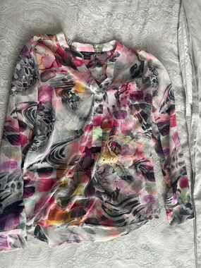 Marciano Multicolor Floral & Abstract Sheer V-Neck Blouse
